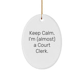 Funny Court Clerk Gifts from Friends Keep Calm, I'm (almost) A Court Clerk. Oval Ornament for Christmas for Court Clerks and Court Clerk Lovers - Image 1